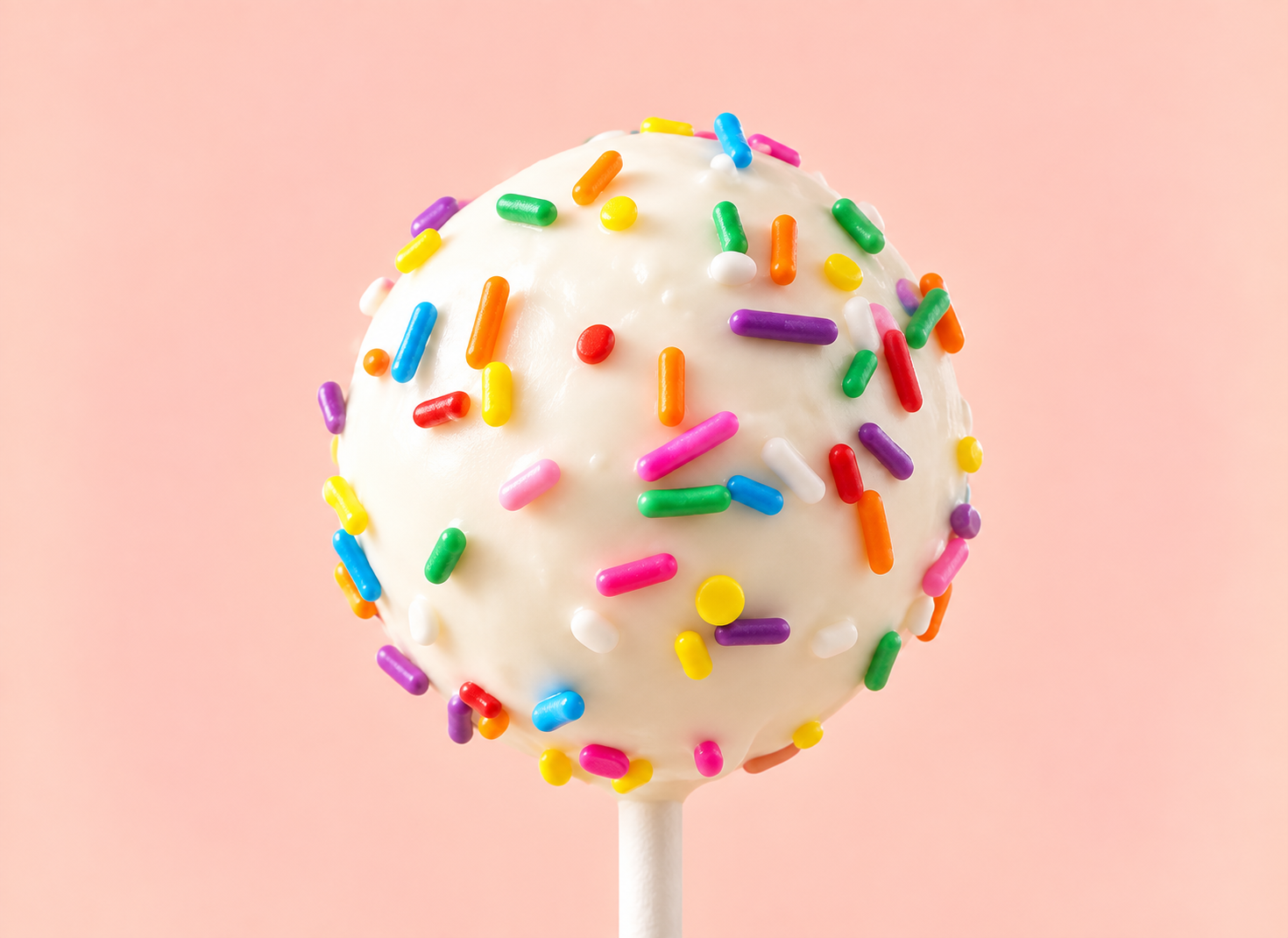 Classic cake pop coated in white chocolate with colorful rainbow sprinkles on a pink background