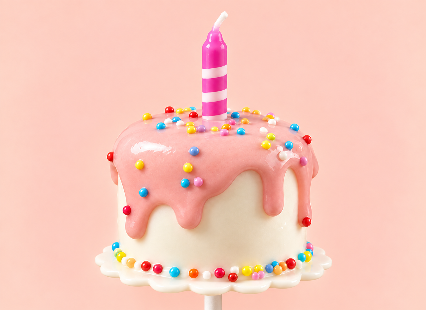 Cake pop shaped like a mini birthday cake with pink icing drip, colorful sprinkle candies and a pink striped candle on a peach background