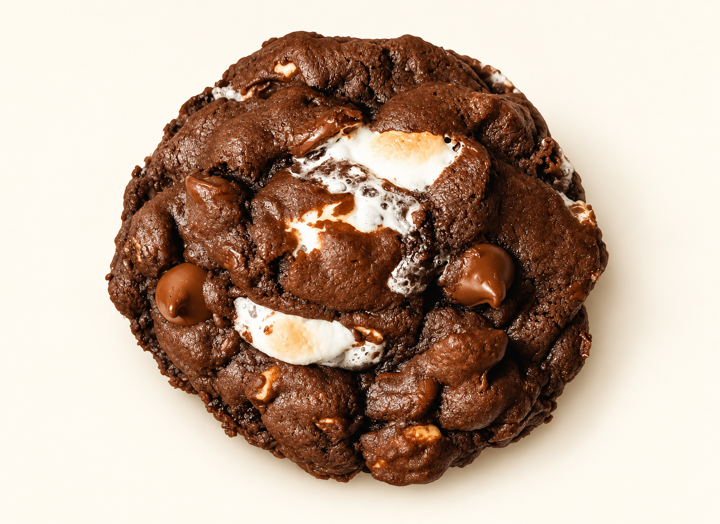 Thick rocky road cookie loaded with melted chocolate and marshmallow on a cream background