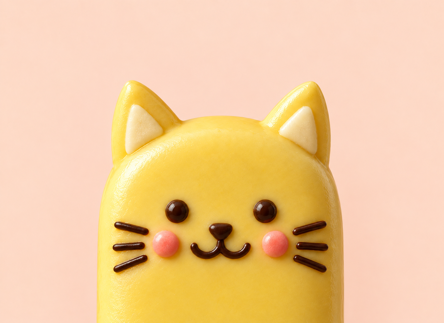 Themed cat cakesicle with a glossy yellow shell, chocolate whiskers and pink cheeks on a pink background